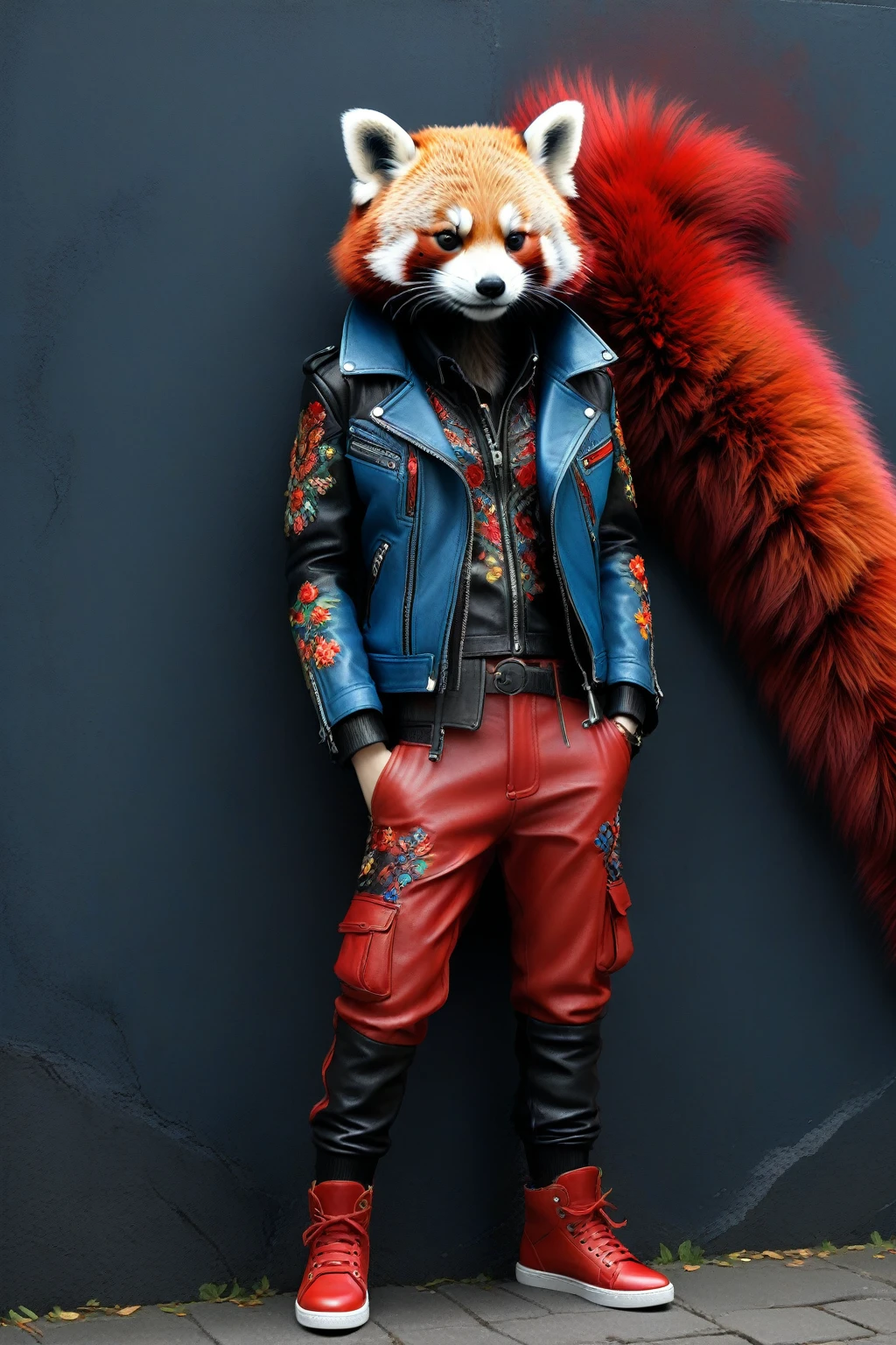 Create a card game design.
The edges will be enclosed by the design, so please keep it at 80% from the centre of the space so that it does not cover the characters.
The atmosphere is dark and suspiciously indirect lighting, textured background
The central character should stand out.
Full body image,
Poses with movement
A red panda leaning against a wall, about to cry and with a blue face only
Very detailed and realistic, with an in-between human/animal proportion
Overall colour scheme is earthy
Black leather jacket with fur collar embroidered with red colourful abstract patterns
Trousers are bright multi-coloured and mixed with different patterns
Fashion with a street style finish.
Textures are realistic, finely detailed and fashionably dressed
She wears stylish red sneakers.
Real, 8K,.
