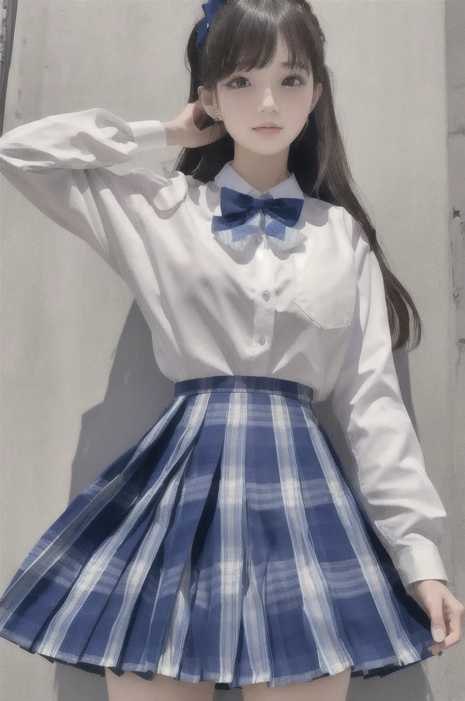 (8k, best quality, masterpiece:1.2), realistic, ultra highres, intricate details,
1girl,beautiful face, jk suit,white shirt Blue bowtie,Tartan check skirt,pleated skirt