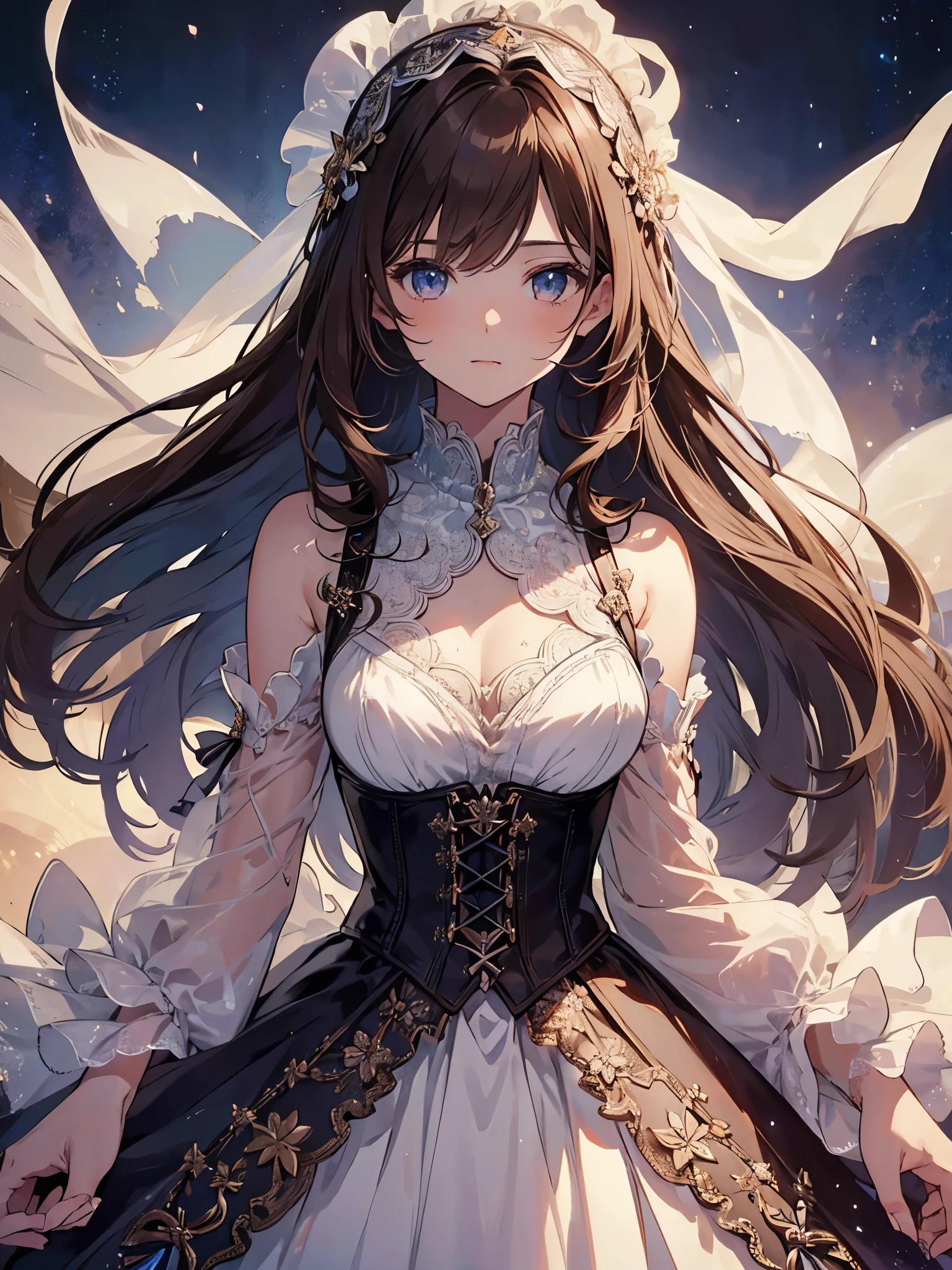 (1girl:1.3), cinematic light, solo, breasts, Renaissance Lace-Up Bodice Dress,  silky long hair, (brown) hair, (masterpiece, top quality, best quality, official art, beautiful and aesthetic:1.3), extreme detailed,highest detailed,(ultra-detailed),((an extremely delicate and beautiful)),starry sky,from below