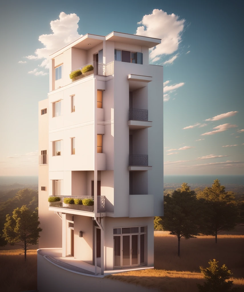 a rendering of a three story building with a balcony and balconies, frontview, front elevation view, front-view, elevation view, front view, mid-view, front perspective, complete house, 3/4 view realistic, 3/4 view from below, front elevation, front side view, front view dramatic, 3 d model, 3d model