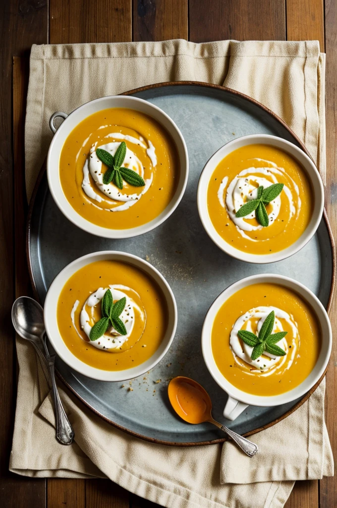 Butternut Squash Soup: A smooth and velvety soup made from roasted butternut squash, sometimes accented with hints of sage or nutmeg and garnished with crème fraîche.