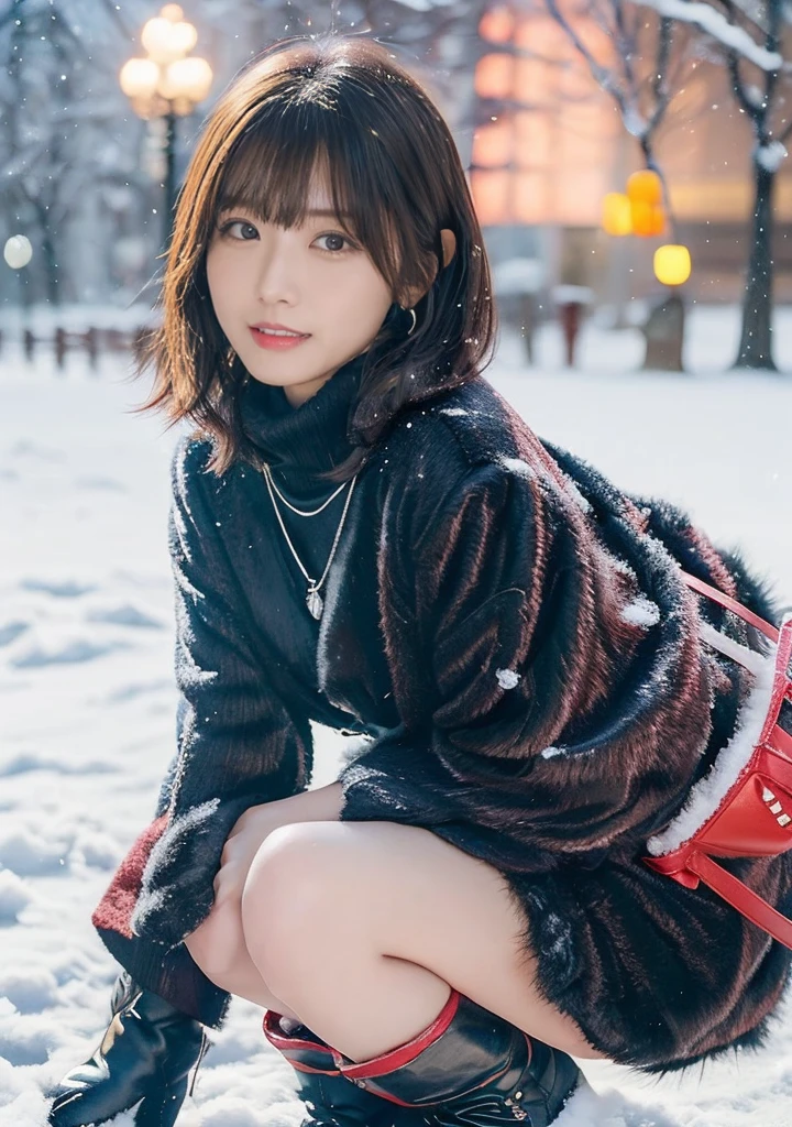 Photo from the waist up、Night city illumination shot、Cowgirl Shot、Fur coat、豪華なグレーのミンクのFur coat、Wear fine leather boots、Luxury Bags、Inner turtleneck、Silver necklace and small silver earrings Millionaire style:1.4））、Full body photo、smile、 Caustics、Highly detailed photos、Very beautiful woman 、Ample breasts、No makeup、(8K、RAW Photos、Highest quality、masterpiece:1.2)、(Realistic、Realistic)、1 Girl、((Medium Short Hair、Midwinter、Cold region Snow falling、The wind is blowing、Fluttering Hair、Blur the background、Colorful illuminations、Looking into the camera:1.4))、
