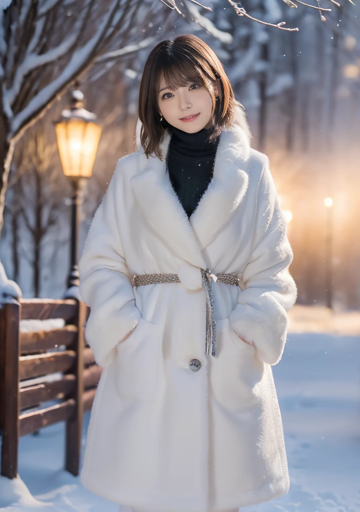 Photo from the waist up、Night city illumination shot、Cowgirl Shot、Fur coat、豪華なグレーのミンクのFur coat、Wear fine leather boots、Luxury Bags、Inner turtleneck、Silver necklace and small silver earrings Millionaire style:1.4））、Full body photo、smile、 Caustics、Highly detailed photos、Very beautiful woman 、Ample breasts、No makeup、(8K、RAW Photos、Highest quality、masterpiece:1.2)、(Realistic、Realistic)、1 Girl、((Medium Short Hair、Midwinter、Cold region Snow falling、The wind is blowing、Fluttering Hair、Blur the background、Colorful illuminations、Looking into the camera:1.4))、
