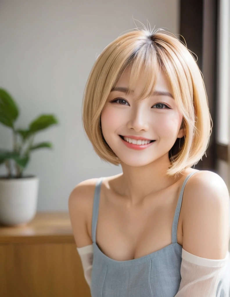 A beautiful Japanese woman with bright shiny blonde bob hair, a lovely smile, a small face, well-defined features, and a G-cup bust.