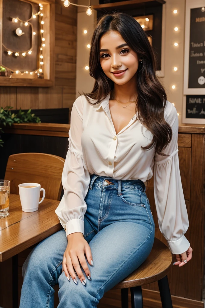 Visuals:  A cozy cafe named "Happy Cup Cafe" with fairy lights and soft music. Nisa, dressed in a modern yet elegant outfit (think jeans and a flowy blouse), takes a seat at a reserved table. Mashoor arrives, a touch nervous but undeniably charming in a crisp shirt and jeans. Their eyes meet, and a shy smile dances on Nisa's lips.