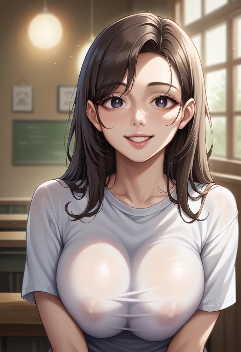Tabletop, Highest quality, Photorealistic, In detail, High resolution, 8k wallpaper, Perfect dynamic composition, Beautiful attention to detail, Medium Straight Hair, Random sexy poses,Random Situation、Light black tight knit shirt、(Beautiful Breasts 1.3)、Big smile、Bokeh、nature、Age 25、(Droopy Eyes 1.3)、Adult Beauty、Japanese