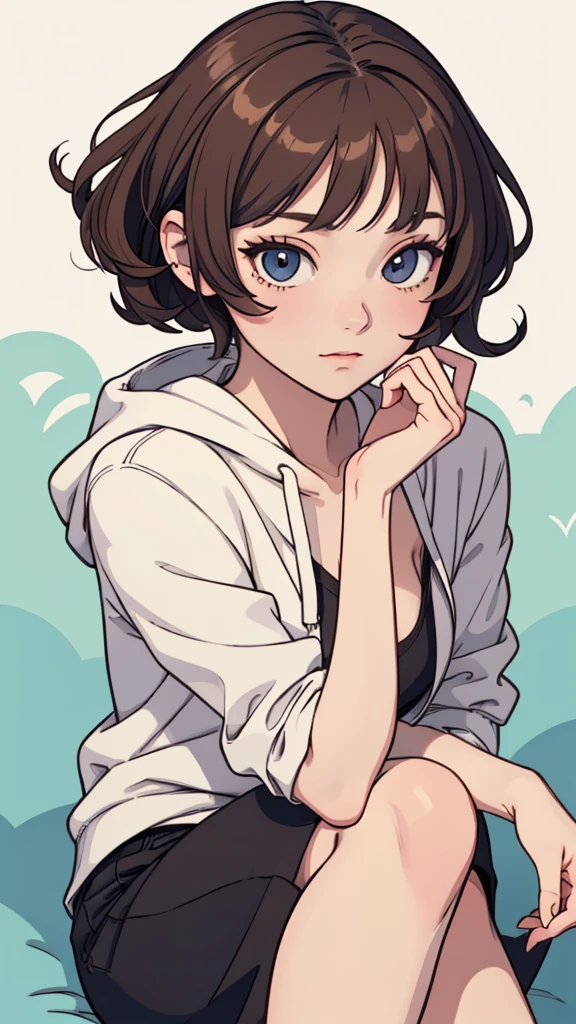 (((masterpiece, best quality, ultra highres, 1 girl, solo, no background))), super detailed skin and face and eyes and finger, beautiful japanese woman, small breasts:1.5, skinny, light brown hair, white background, very short curly pixie hair, (an illustration of girl), Knee shot, Generate with illustrations, Various expressions, Various poses, Please draw the entire character within the frame, ensuring that the head, arms, and legs are not cut off. The background should be simple, with the character positioned centrally, outline, anime, hoodie,