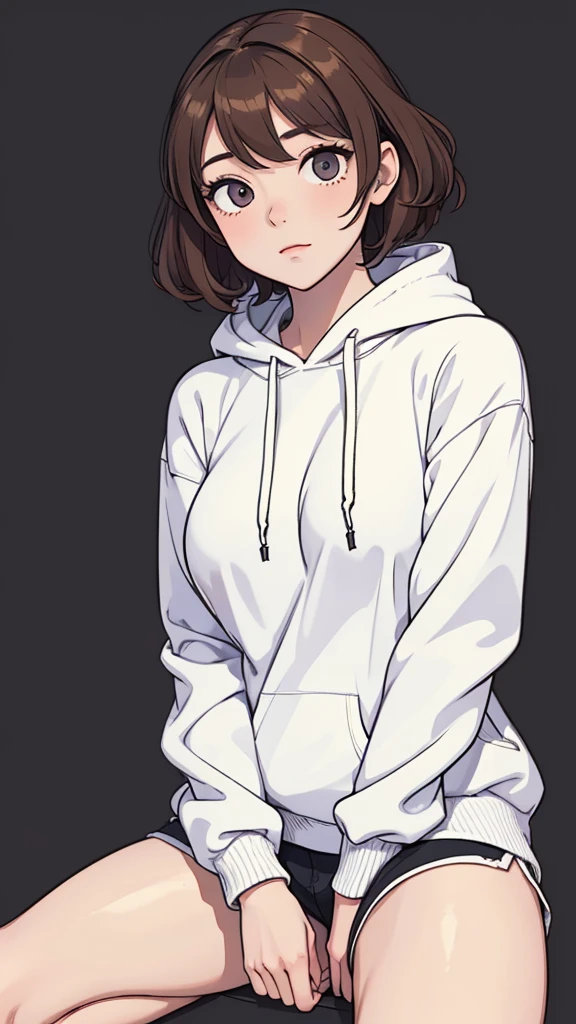 (((masterpiece, best quality, ultra highres, 1 girl, solo, no background))), super detailed skin and face and eyes and finger, beautiful japanese woman, small breasts:1.5, skinny, light brown hair, white background, very short curly pixie hair, (an illustration of girl), Knee shot, Generate with illustrations, Various expressions, Various poses, Please draw the entire character within the frame, ensuring that the head, arms, and legs are not cut off. The background should be simple, with the character positioned centrally, outline, anime, hoodie, underwear,