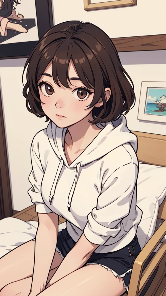 (((masterpiece, best quality, ultra highres, 1 girl, solo, no background))), super detailed skin and face and eyes and finger, beautiful japanese woman, small breasts:1.5, skinny, light brown hair, white background, very short curly pixie hair, (an illustration of girl), Knee shot, Generate with illustrations, Various expressions, Various poses, Please draw the entire character within the frame, ensuring that the head, arms, and legs are not cut off. The background should be simple, with the character positioned centrally, outline, anime, hoodie,
