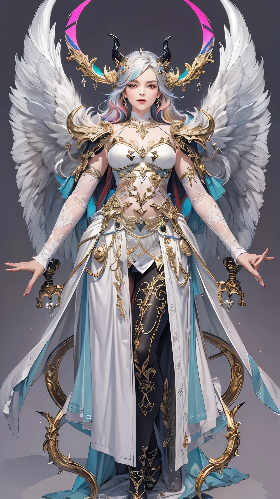 ((Highest quality)),(Ultra-high resolution),(Ultra-detailed new),(Detailed Description),((The best CG)),(masterpiece),Highly detailed art,A wonderful new art form,(Art with precise details:1.5), (Female angel and female devil:1.6),Beautiful and well-proportioned face:1.5,Jewelry goods:1.3, Light and Darkness:1.3, Constraints:1.2, liberation:1.2, (A colorful world:1.5)