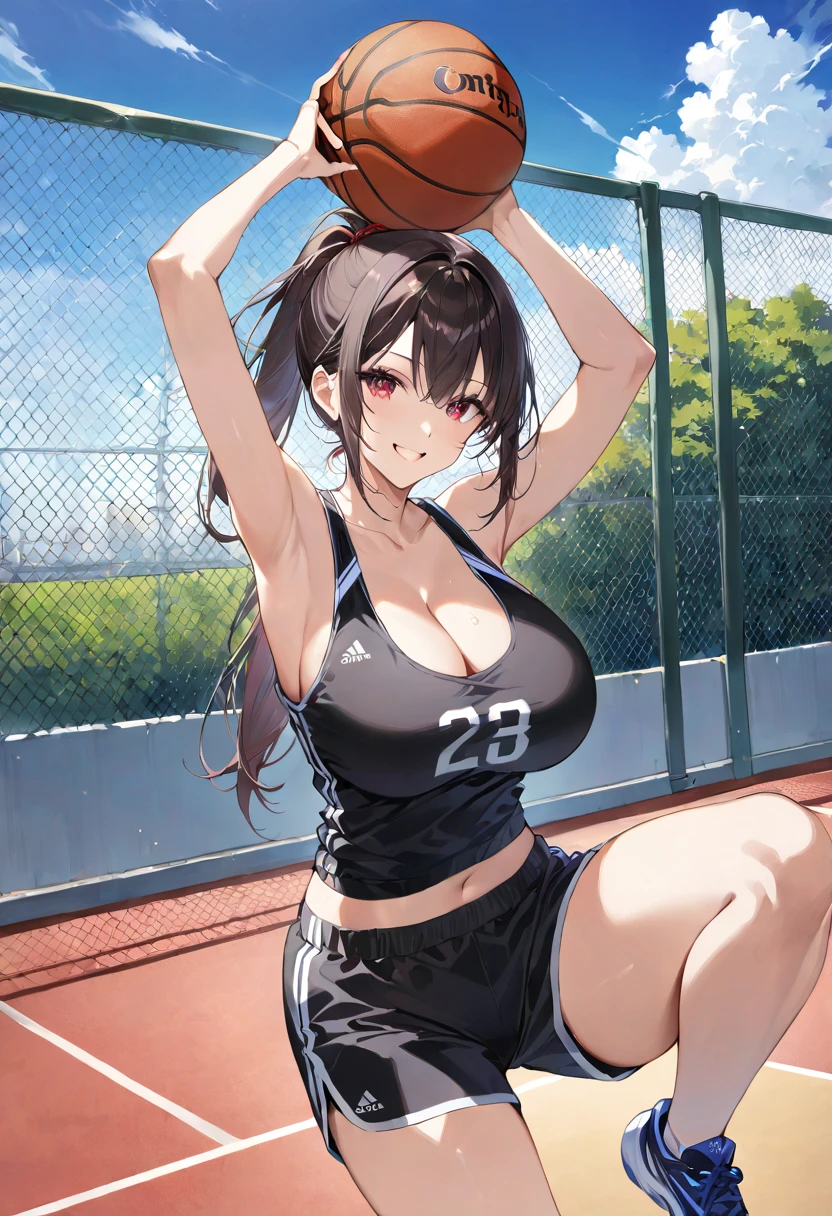 masterpiece, best quality, ultra detailed, sparkling eyes, ((smile)), large breasts, ((cleavage)), The image depicts an anime-style illustration of a young woman playing basketball outdoors. She is in the middle of a jump shot, holding a basketball above her head with both hands, poised to shoot. Her athletic attire consists of a black sports tank top and black shorts, both with white and red accents, displaying a sports logo and some text. She is also wearing athletic shoes, The setting appears to be an outdoor basketball court, with a clear blue sky and some clouds visible in the background. There is a chain-link fence and part of a building visible, indicating a typical urban sports facility. The character has a focused expression, with dark hair tied back in a ponytail, emphasizing her active and sporty demeanor. The image captures a moment of action, conveying energy and athleticism.