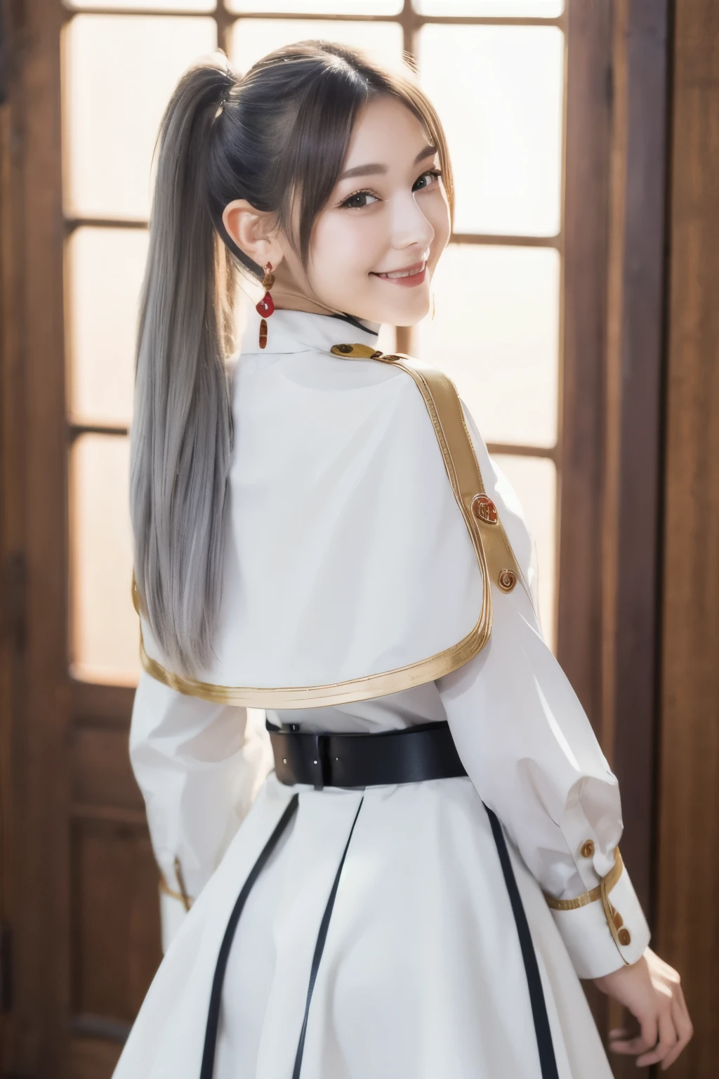 (masterpiece), Highest quality, High resolution, Very detailed, Perfect lighting,
thank you, Long Hair, Gray Hair, Twin tails, Pointed Ears, Earrings, Green Eyes, Thick eyebrows, White capelet, Striped shirt, Long sleeve, belt, White Skirt, Black Pantyhose , Cowboy Shot,smile,
(Put your hands behind your back:1.1),