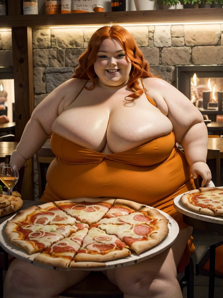 A happy/excited detailed photo of a cute ginger SSBBW, with long wavy ginger hair, with big soft fat belly, small saggy breasts in a cute orange dress, sitting at a table in a beautiful authentic italian restaurant at night, there is a huge family-sized pizza ahead of her, she is sitting on a chair behind a table and pizza
