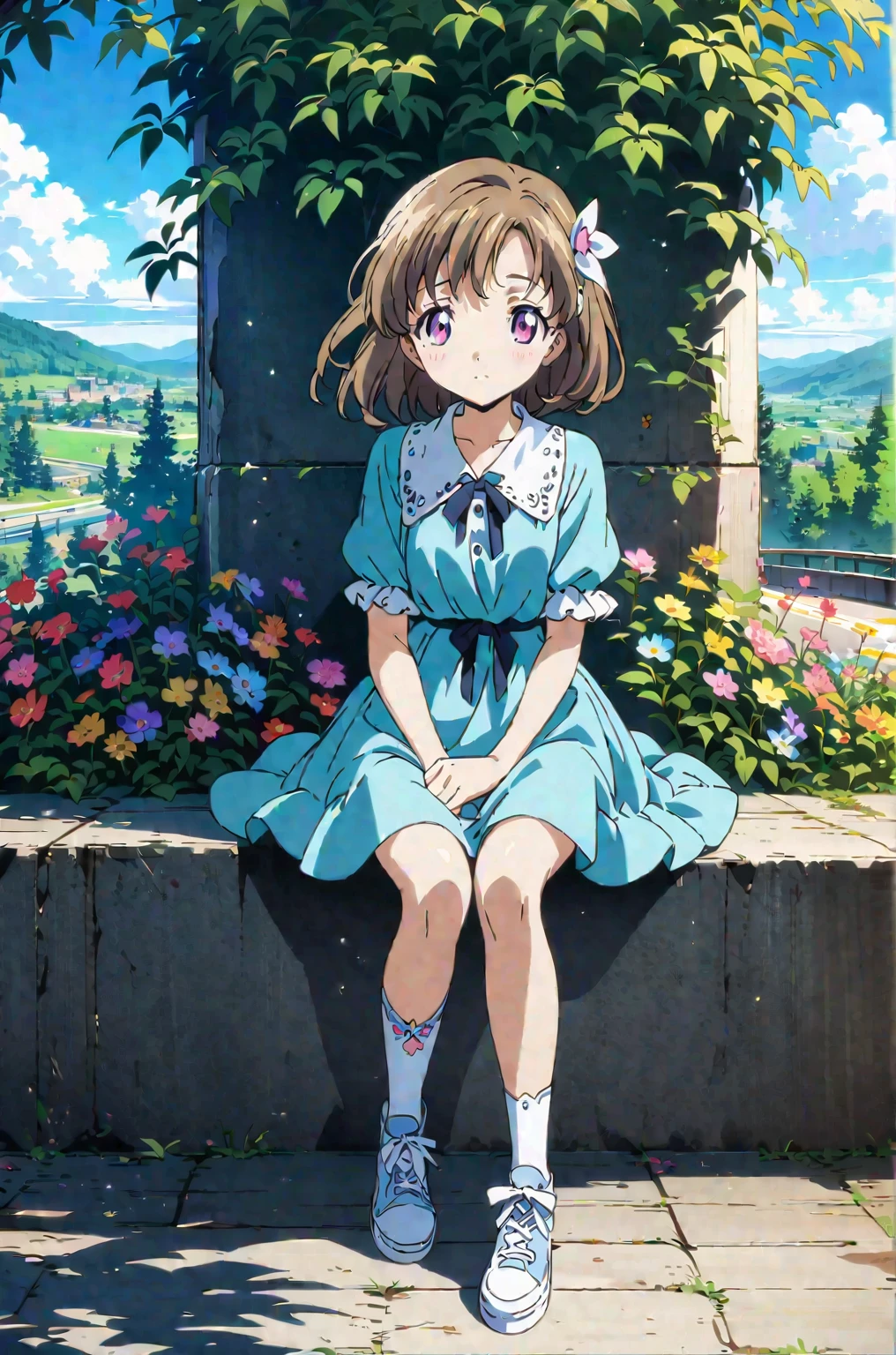 (Ultra-detailed illustrations:1.2),Anime girl sitting on a wall with flowers in her hair, Cute girl anime visuals,  In a dress, Beautiful Anime girl, Young Anime Girl, Cute anime waifu in a nice dress, Beautiful Anime, Anime Moe Art Style, Cute Anime Girl, High quality anime art style, Beautiful Anime art style, Beautiful Anime style, Beautiful Anime portrait, Anime full body illustration