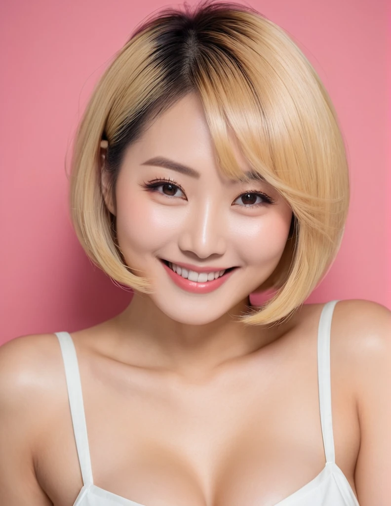 A beautiful Japanese woman with bright shiny blonde bob hair, a lovely smile, a small face, well-defined features, and a G-cup bust.