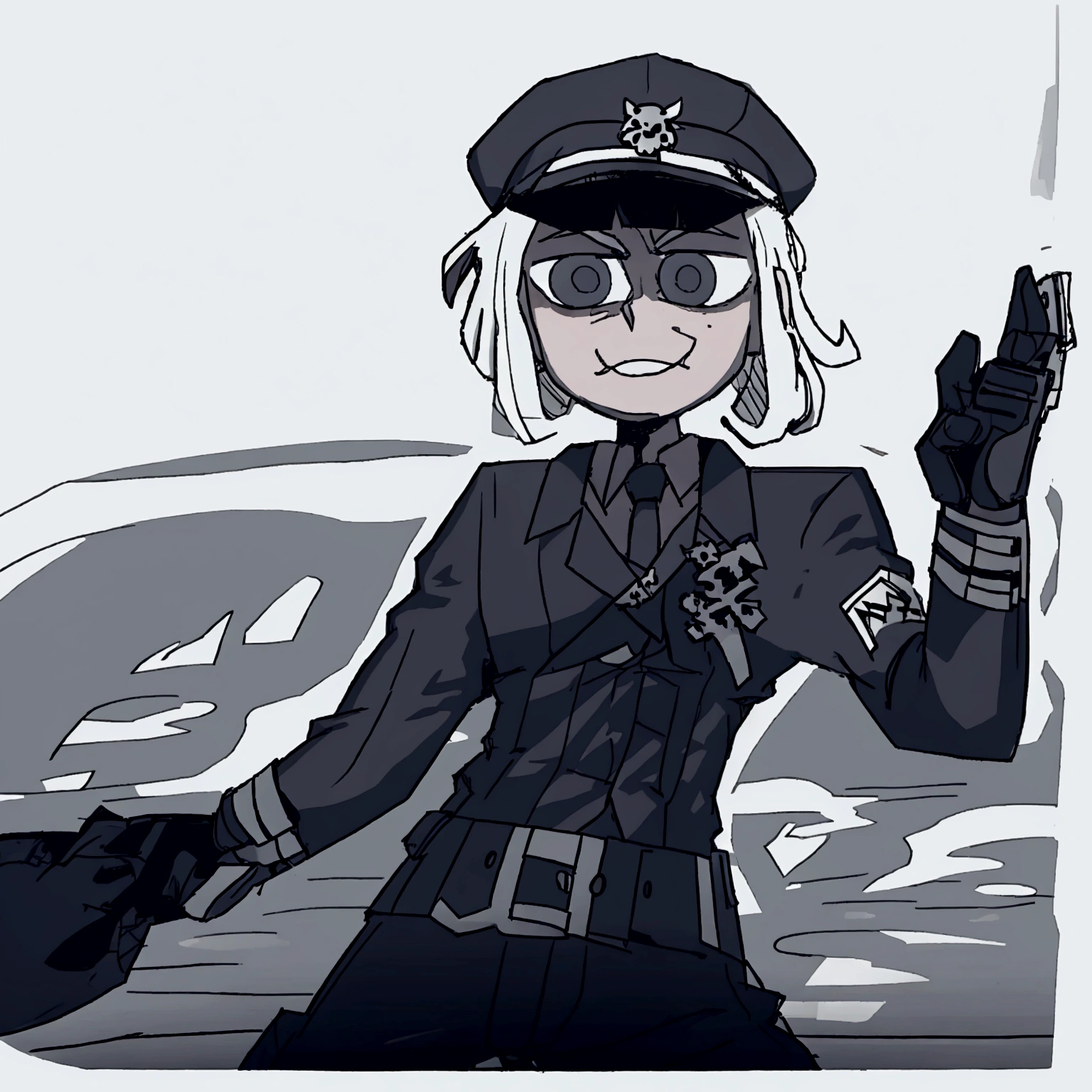 Male character of medium height, military hat with a skull, dark military clothing