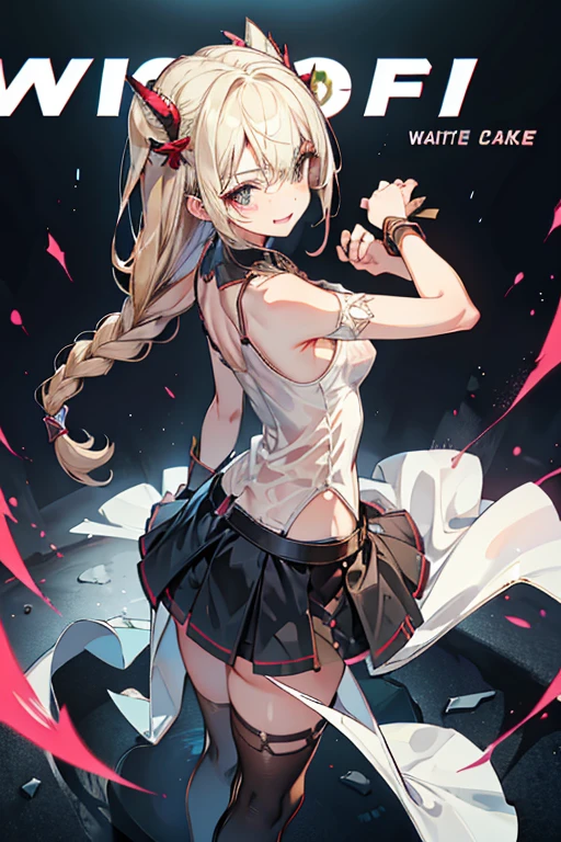(small breasts:1.2), (perky chest:1.2), (pointed chest:1.2), (Pudding cake magazine cover:1.3),(from above:1.0),(shoot from the side:1.1),masterpiece, 1girl, Amazing Cleavage:1.1, thin waist, optimum,tmasterpiece,hight resolution,best qualtiy,hyper HD,super detailing,awardwinning,a 18yo cute girl,(The upper part of the body),anatomy correct,Beautiful Black miniskirt,garters,Gaze,Small face,bangss,holster,Beautuful Women,hands up,leg holster,Gaze,black boots,Cowboy Shot,cute face,a blond,Longhaire,Twin-tailed,Braids, Hairline,（scarlet eyes）,long eyelasher,Hanging eye corners,White skin of the, ((see through camisole:1.1)), ((Sheer nipples:1.0)),Rocket Tits,(Slim body),smile,seductive weak smiling,(with sparkling eyes and a contagious smile),little open mouth, Looking at Viewer,
