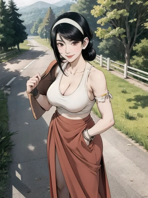 ,(((Full and soft breasts,)))(((Huge breasts))) (((Cleavage))) (Perfect curvy figure), Mal Artist A,Black Hair,flank attack, Red Eyes,Hair behind the ears, Low bun, Headband, Top Martial Arts, shoulder pad, Ribbon,Long skirt,,cleveage,Smile,Sweat,,Become a,(callous:0), Hands down the body, Smile , Park Road in the background, Park road and trees in the background ,(Breast protrusion:0),(nipple:0),Delicate eyes,