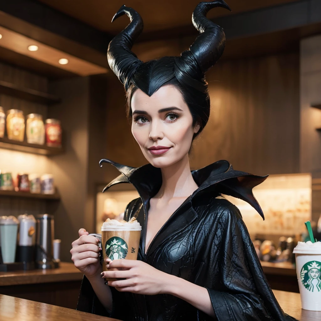 realistic 3D caricature photo, Maleficent standing proudly, holding a coffee cup with the Starbucks logo