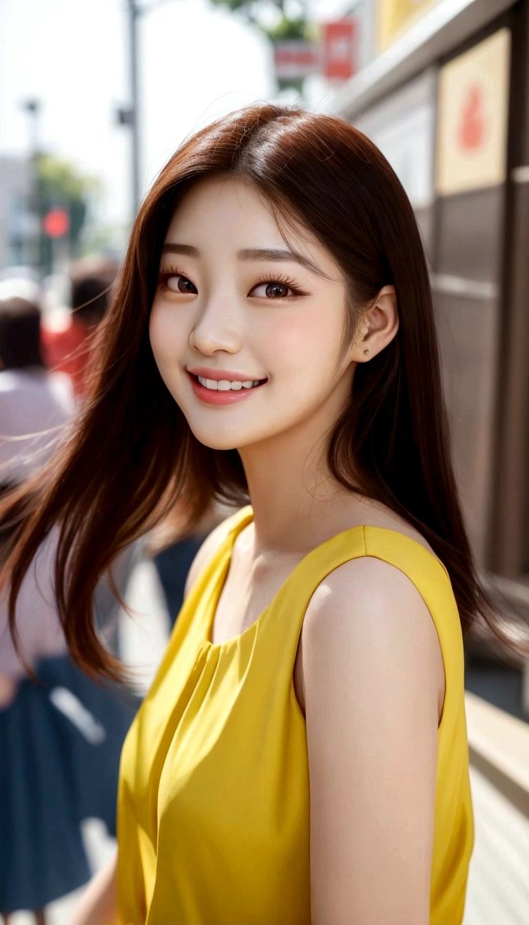 a close up of a woman in a yellow dress smiling, beautiful young korean woman, beautiful south korean woman, gorgeous young korean woman, tzuyu from twice, young adorable korean face, cute korean actress, jaeyeon nam, young cute wan asian face, bae suzy, korean girl, female actress from korea, lee ji - eun, lee ji-eun