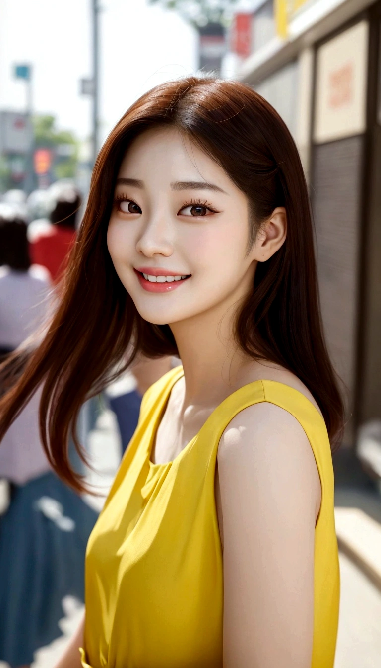 a close up of a woman in a yellow dress smiling, beautiful young korean woman, beautiful south korean woman, gorgeous young korean woman, tzuyu from twice, young adorable korean face, cute korean actress, jaeyeon nam, young cute wan asian face, bae suzy, korean girl, female actress from korea, lee ji - eun, lee ji-eun