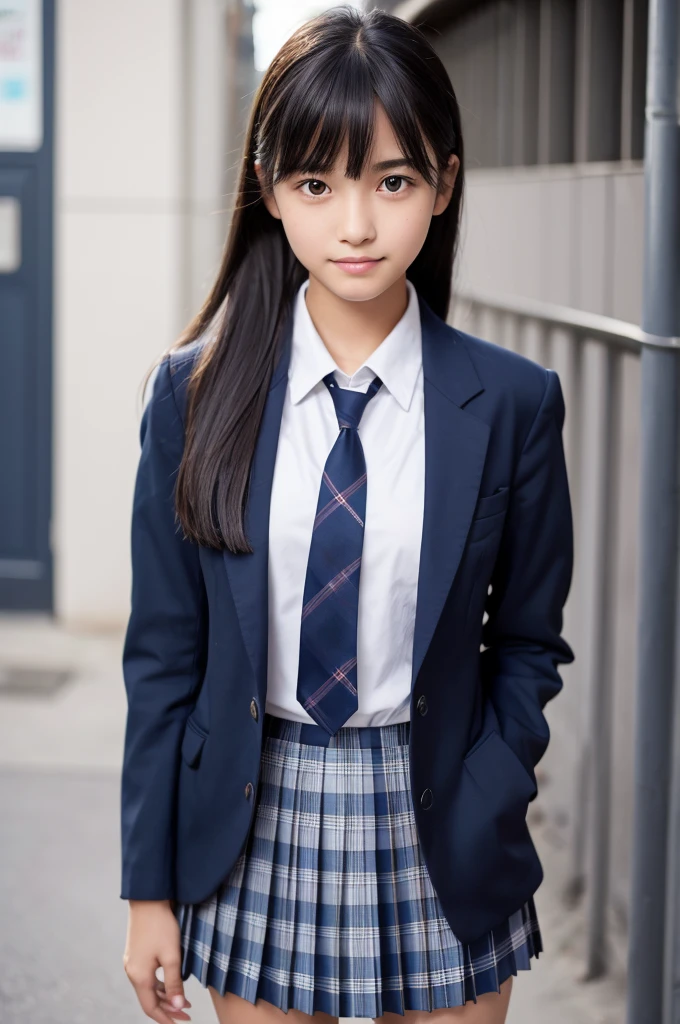 Navy Blue Blazer,Dark blue plaid pleated skirt,tie,,high school girl,Black Hair,bangs,Straight hair,ponytail,Dark Eyes,Small face,Young Face,Clean your eyes,Small Mouth,Showing teeth,thin,Young Face,,Flat Chest,Flat Chest,Flat Chest,Flat Chest,School zone,Realistic photos,8K,smile,White teeth,Ultra HD,Standing posture,whole body,rucksack,