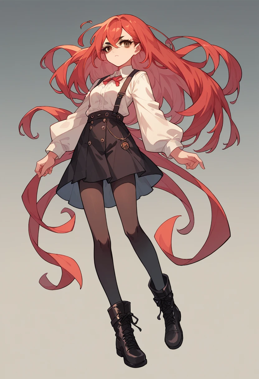 anime style  girl with long reddish-red hair, brown eyes, fair skin, black eyeliner, with a black thin-strap blouse over a white blouse with medium sleeves and a black skirt with transparent black tights and black boots