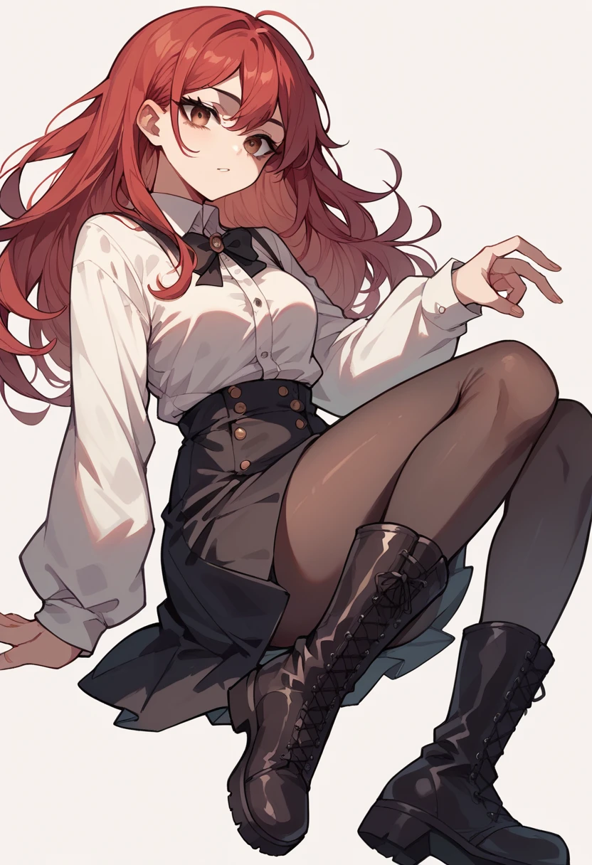 anime style  girl with long reddish-red hair, brown eyes, fair skin, black eyeliner, with a black thin-strap blouse over a white blouse with medium sleeves and a black skirt with transparent black tights and black boots