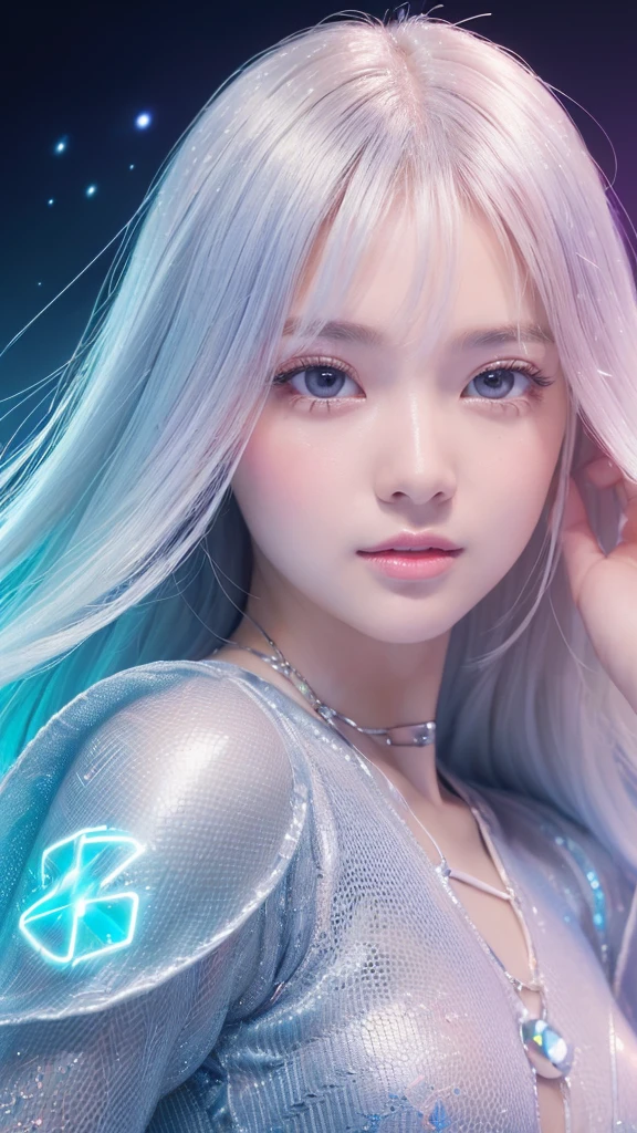 (In 8K, Highest quality, Tabletop, Ultra-high resolution, High quality face:1.5), (Lots of details), (Android in the form of a girl:1.3),(Realistic:1.4) (View diagonally:1.6), (Very white skin, Clear skin, Glowing Skin:1.4), Pin Spot Light, (The eyes are connected to the universe through high-performance lens eyes.　Long eyelashes:1.5), Shiny, wig hair, Duck mouth,  de luz, cute, refresh, ((純白de luzドレスを着る 透明)), (Japanese),White Holographic Background, Digital Art, Lighting by world-class AI creators, dream-like, Different space, Light and deep texture