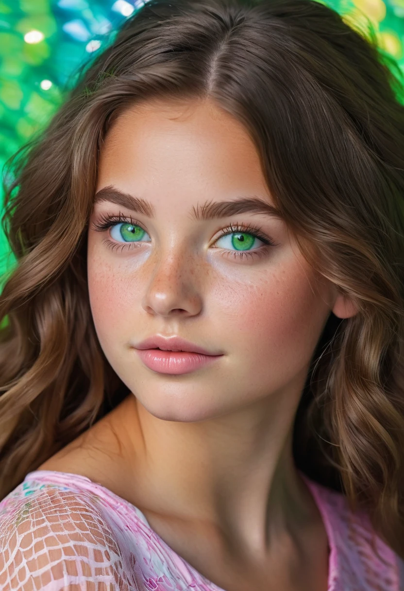 Teen girl with mermaid wavy long hair, freckles, green eyes and brown hair Beautiful realistic , a 25 year old beautiful girl, brunette hair, (((bright green eyes))), youthful, big lips, small nose, thick eyebrows, round youthful cheeks, long hair, tanned skin, pink tight blouse on
