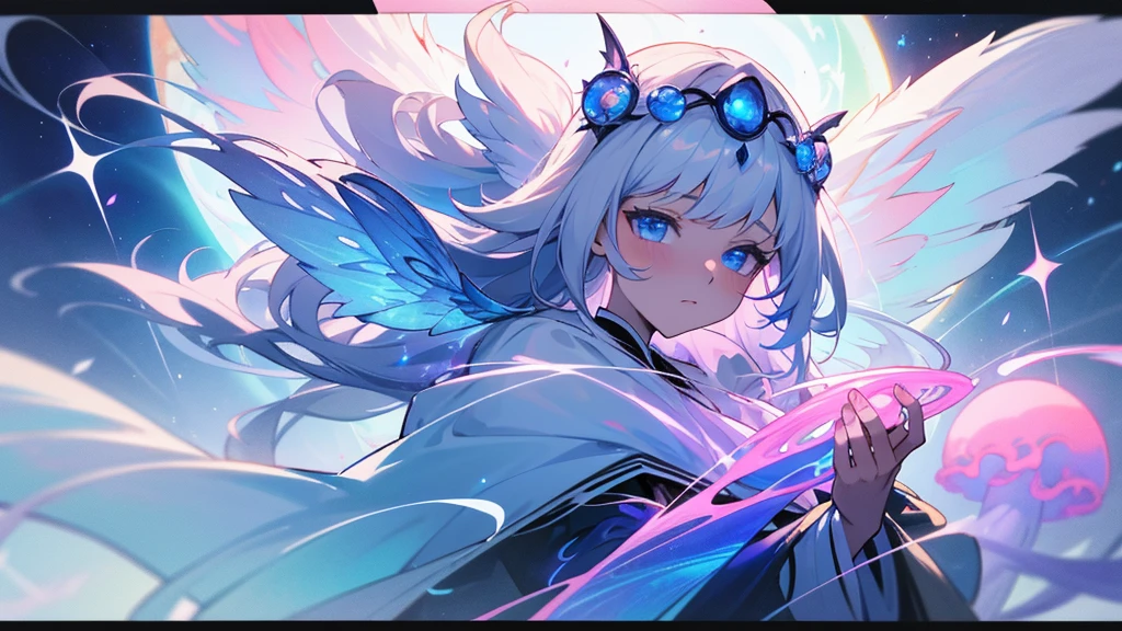 Close up of person in costume holding bow, beautiful celestial wizard, Astral Witch Clothes, heavenly aura, Cotton Cloud Wizard Robe, mysterious art style, Celestial Essence, white-haired god, Masterpiece Goddess of Sorrow, gear aurora, astral fairy, jellyfish gentleman maiden 8k, An aura that glows white, Shadowverse Style, Moon-themed costumes, A pink wreath on my head