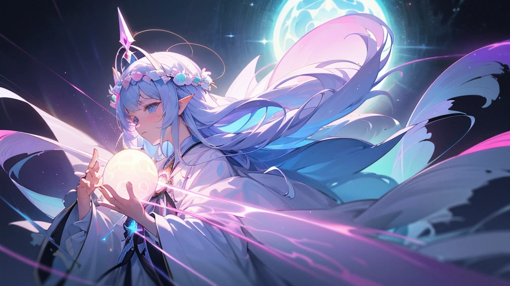 Close up of person in costume holding bow, beautiful celestial wizard, Astral Witch Clothes, heavenly aura, Cotton Cloud Wizard Robe, mysterious art style, Celestial Essence, white-haired god, Masterpiece Goddess of Sorrow, gear aurora, astral fairy, jellyfish gentleman maiden 8k, An aura that glows white, Shadowverse Style, Moon-themed costumes, A pink wreath on my head