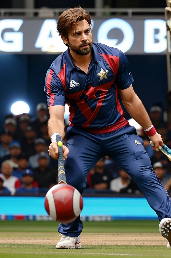 Avengers playing cricket iron is batting captain America is bowling