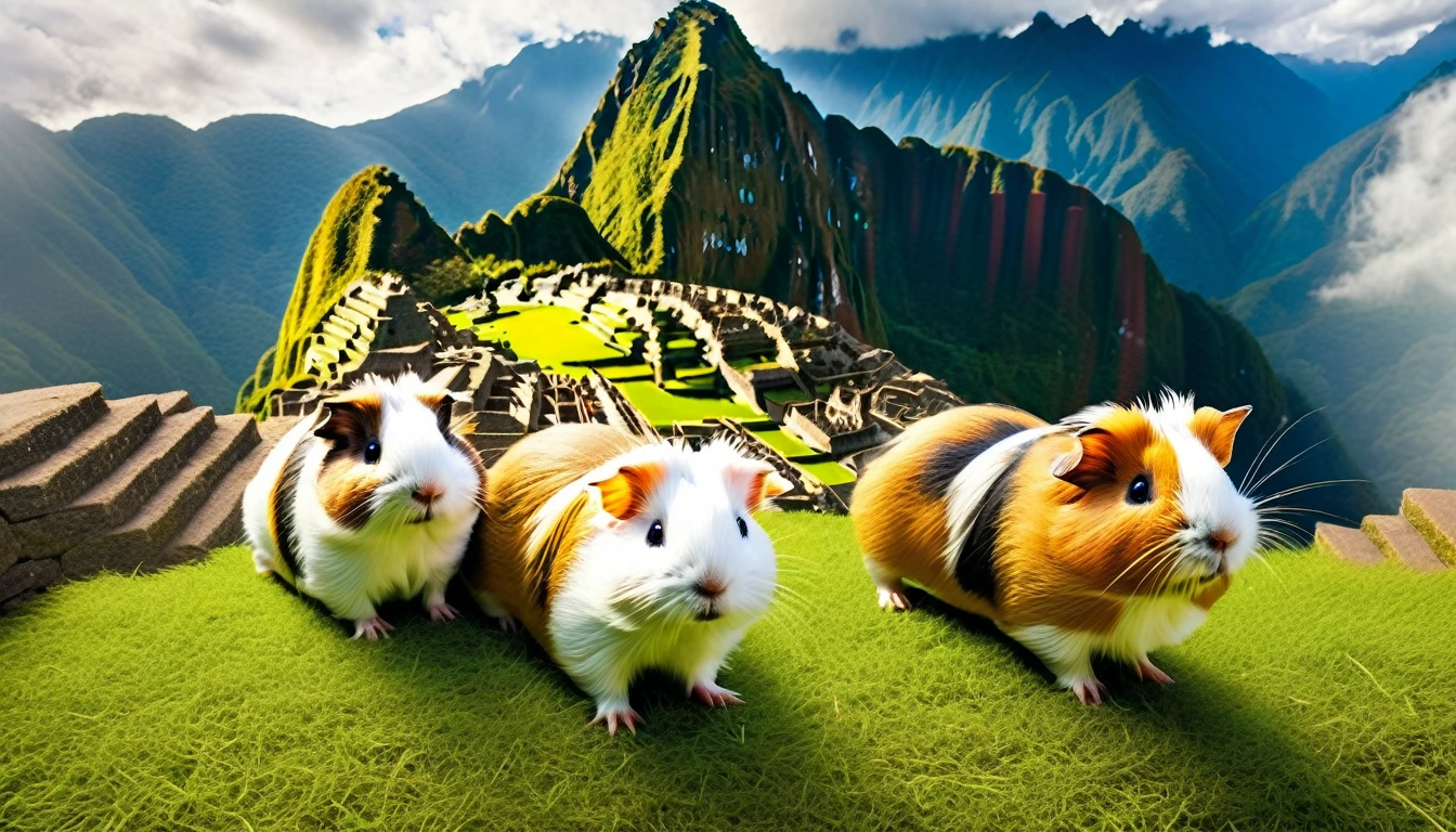 funny chaotic photography of flying guinea pigs above machu picchu, Dressed animals page