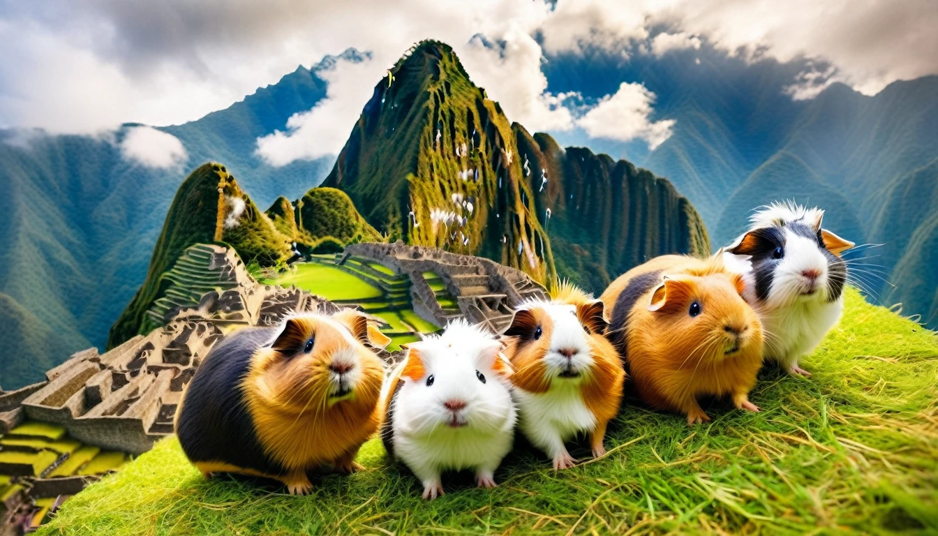 funny chaotic photography of flying guinea pigs above machu picchu, Dressed animals page