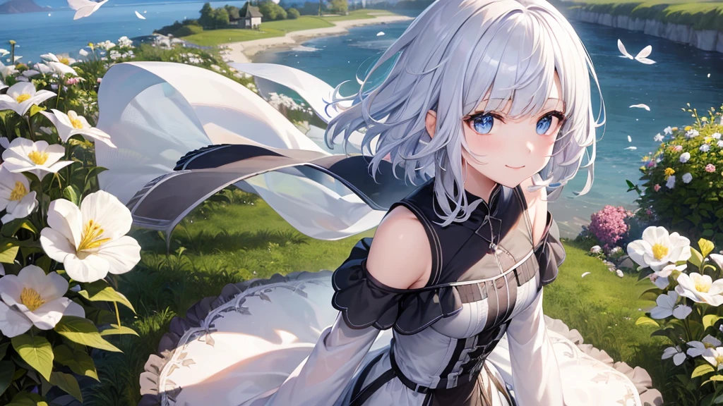 Ultra HD,Look at the viewers, Put your hands behind your back, With a girl, 20-year-old, 非常にShort Hair, Long bangs between the eyes, Pale blue eyes, hoodie, skirt , Very detailed,(masterpiece、Highest quality),Gray Hair、Laughter、Fantastic, Silver Hair, Iris, Short hair、 Fluttering Hair、Small Face、明るいsmile、(Detailed face) ,Professional Lighting,Wonderful landscape,blue sky, sunlight,Looking down from above,Portraiture、Open your mouth、Flower Field、Her eyes were shining、Mysterious and enchanting atmosphere。With AI Painting、とてもShort Hair, Long bangs between the eyes, Very detailed,(masterpiece、Highest quality)、alone、Gray Hair、Fantasy, Silver Hair, Fantasyな風景、White shirt、smile、Open your mouth、short hair、Short Hair、hairpin、black eye、Grey Eyes、Beautiful Eyes、