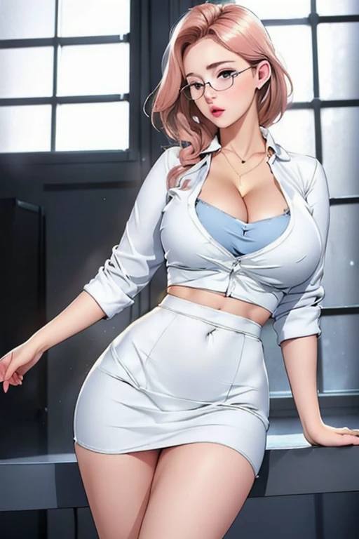 ,(((Full and soft breasts,)))(((Huge breasts))) (((Cleavage))) (Perfect curvy figure), woman, Short Straight Blonde, blue eyes, White Blazer, White scissor skirt, Long white high heels, Black necklace, no t-shirt, Large Breasts, Wide hips, Glasses, blush, in front of a window