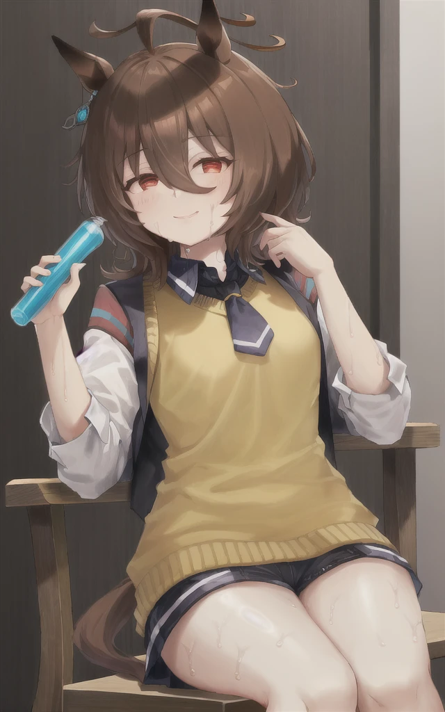 (masterpiece),(Highest quality),High resolution,(Very delicate and beautiful),(Very detailed), alone, Agent Tachyon \(umamusume\) Wearing an earring in one ear, Sleeves longer than the wrist, Collared shirt, Yellow sweater vest, Black Short Tie, ジッパー付きの白いオープンWhiteとベストの下に黒いパンスト. She is in a dark lab. She is sitting on a chair and holding a small bottle. Close your mouth and laugh softly, View your viewers,Do the splits,パイパンPussy,pussy,Pussy,Crotch,spreading regs,White,おPussy,wet pussy,NSFW