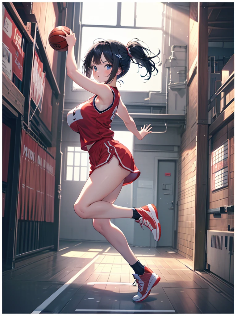 Highest quality、High resolution、Detailed Background、Beautiful Face、High detail、(Perfect , Perfect Style)、(Detailed facial expressions)、(fine grain:1.2)、Teenage Beauty、(very wide shot:1.5, full body:1.4), One Girl、Elementary school students, Cute black hair、Braided Bob, Braided, clear, deep blue eyes、Braided Ponytail, Braided bob cut, Basketball game in the gym, jumping:1.5, dunking:1.5, brake, Incredible jumping ability:1.5, Suspended in the air, ready to shoot:1.5, ((aerial view:1.5, shoot from side, looking up)), (Bright red uniform:1.5, Blue Line, No sleeve:1.5, Red high-top basketball shoes)、(armpit:1.2), ((:1.2, pointy :1.2, high :1.2)), He is about to hit the ball he is holding in one hand into the basketball goal above his head.,