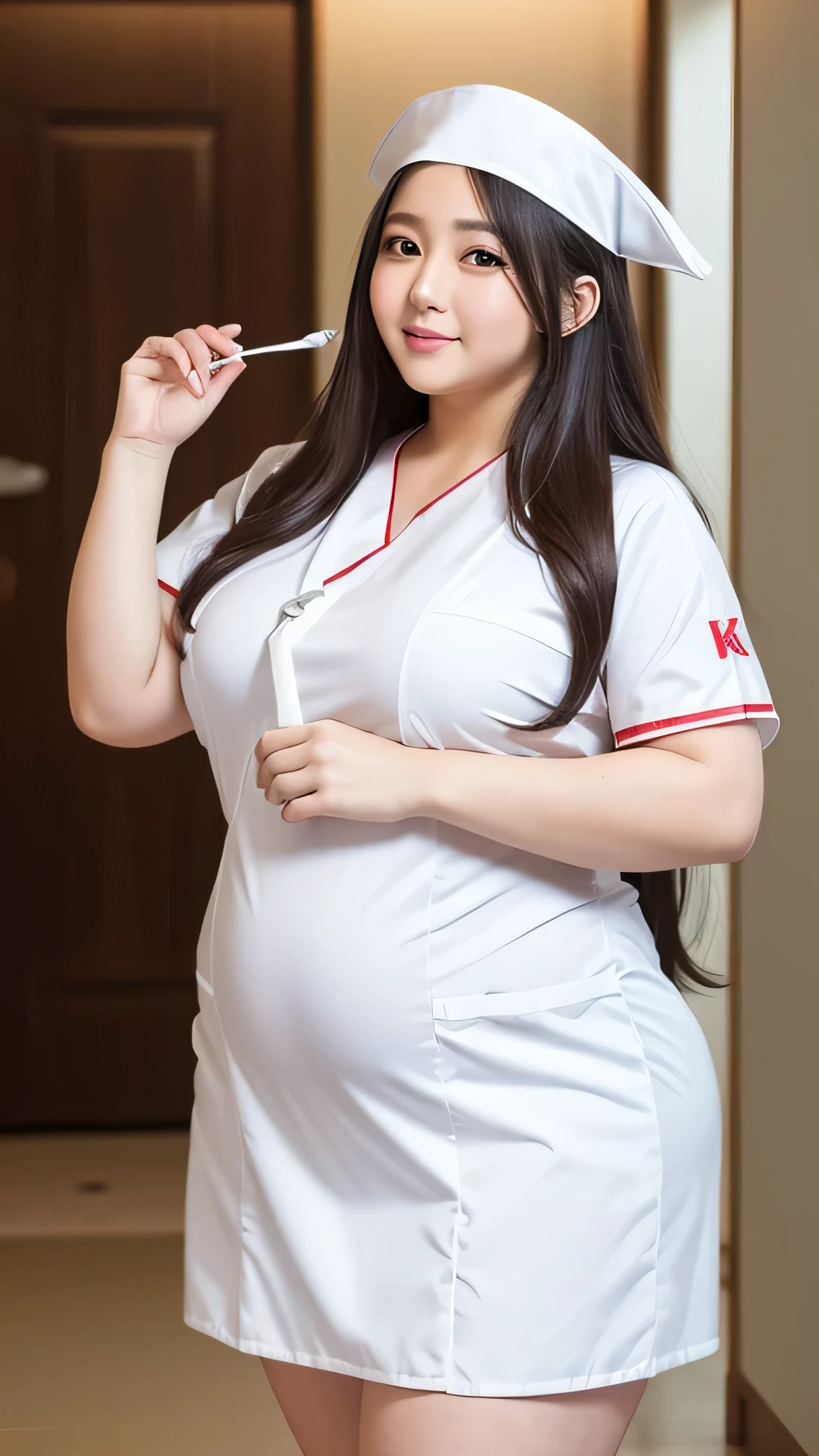 ((8K)), highest quality, 超High resolution、(High resolution), nurse, ((white nurse costume)), Overweight, extremely fat, ((chubby)), Japanese, long hair, straight hair