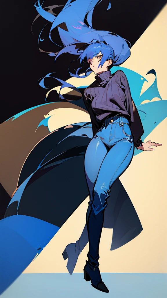 The woman wears a blue and black sweater, long jeans, and black boots. 