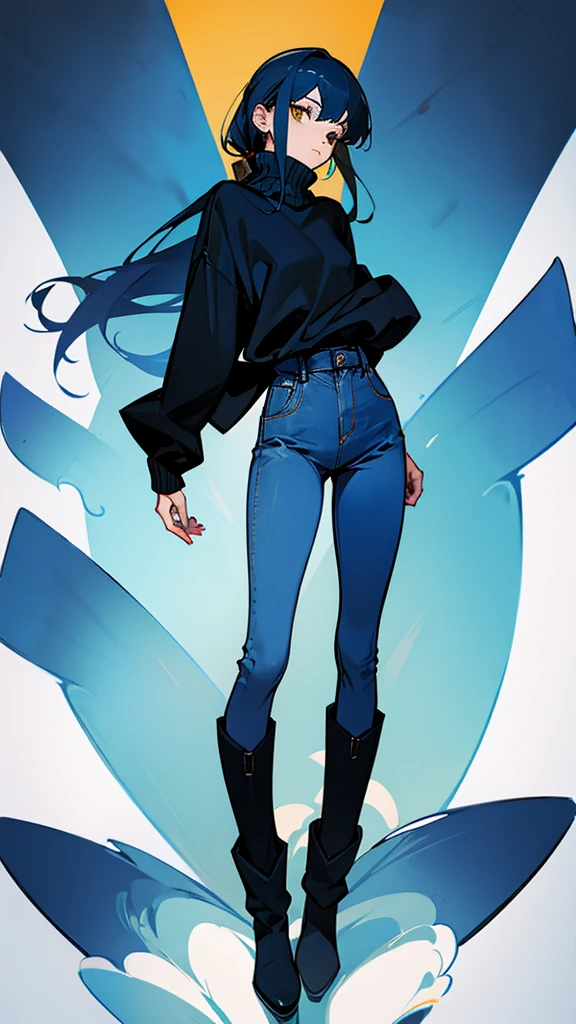 The woman wears a blue and black sweater, long jeans, and black boots. 