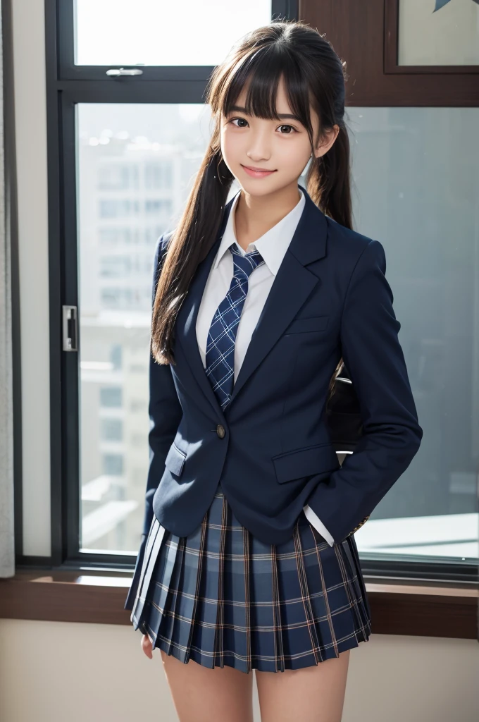 Navy Blue Blazer,Dark blue plaid pleated skirt,tie,,high school girl,Black Hair,bangs,Straight hair,ponytail,Dark Eyes,Small face,Young Face,Clean your eyes,Small Mouth,Showing teeth,thin,Young Face,,Flat Chest,Flat Chest,Flat Chest,Flat Chest,School zone,Realistic photos,8K,smile,White teeth,Ultra HD,Standing posture,whole body,rucksack,
