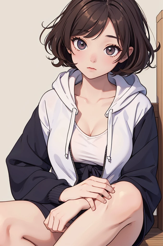 (((masterpiece, best quality, ultra highres, 1 girl, solo, no background))), super detailed skin and face and eyes and finger, beautiful japanese woman, small breasts:1.5, skinny, light brown hair, white background, very short curly pixie hair, (an illustration of girl), Knee shot, Generate with illustrations, Various expressions, Various poses, Please draw the entire character within the frame, ensuring that the head, arms, and legs are not cut off. The background should be simple, with the character positioned centrally, outline, anime, hoodie,