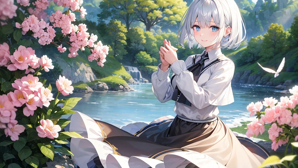Ultra HD,Look at the viewers, Put your hands behind your back, With a girl, 20-year-old, 非常にShort Hair, Long bangs between the eyes, Pale blue eyes, hoodie, skirt , Very detailed,(masterpiece、Highest quality),Gray Hair、Laughter、Fantastic, Silver Hair, Iris, Short hair、 Fluttering Hair、Small Face、明るいsmile、(Detailed face) ,Professional Lighting,Wonderful landscape,blue sky, sunlight,Looking down from above,Portraiture、Open your mouth、Flower Field、Her eyes were shining、Mysterious and enchanting atmosphere。With AI Painting、とてもShort Hair, Long bangs between the eyes, Very detailed,(masterpiece、Highest quality)、alone、Gray Hair、Fantasy, Silver Hair, Fantasyな風景、White shirt、smile、Open your mouth、short hair、Short Hair、hairpin、black eye、Grey Eyes、Beautiful Eyes、