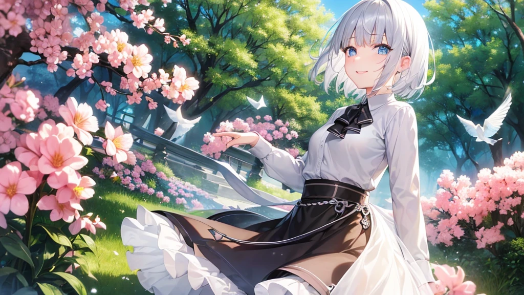 Ultra HD,Look at the viewers, Put your hands behind your back, With a girl, 20-year-old, 非常にShort Hair, Long bangs between the eyes, Pale blue eyes, hoodie, skirt , Very detailed,(masterpiece、Highest quality),Gray Hair、Laughter、Fantastic, Silver Hair, Iris, Short hair、 Fluttering Hair、Small Face、明るいsmile、(Detailed face) ,Professional Lighting,Wonderful landscape,blue sky, sunlight,Looking down from above,Portraiture、Open your mouth、Flower Field、Her eyes were shining、Mysterious and enchanting atmosphere。With AI Painting、とてもShort Hair, Long bangs between the eyes, Very detailed,(masterpiece、Highest quality)、alone、Gray Hair、Fantasy, Silver Hair, Fantasyな風景、White shirt、smile、Open your mouth、short hair、Short Hair、hairpin、black eye、Grey Eyes、Beautiful Eyes、