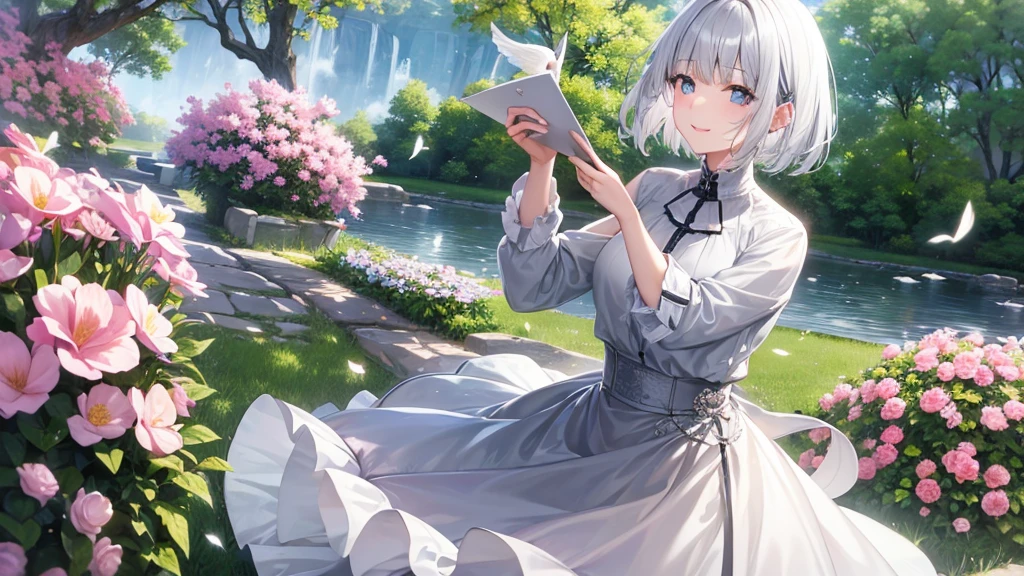 Ultra HD,Look at the viewers, Put your hands behind your back, With a girl, 20-year-old, 非常にShort Hair, Long bangs between the eyes, Pale blue eyes, hoodie, skirt , Very detailed,(masterpiece、Highest quality),Gray Hair、Laughter、Fantastic, Silver Hair, Iris, Short hair、 Fluttering Hair、Small Face、明るいsmile、(Detailed face) ,Professional Lighting,Wonderful landscape,blue sky, sunlight,Looking down from above,Portraiture、Open your mouth、Flower Field、Her eyes were shining、Mysterious and enchanting atmosphere。With AI Painting、とてもShort Hair, Long bangs between the eyes, Very detailed,(masterpiece、Highest quality)、alone、Gray Hair、Fantasy, Silver Hair, Fantasyな風景、White shirt、smile、Open your mouth、short hair、Short Hair、hairpin、black eye、Grey Eyes、Beautiful Eyes、