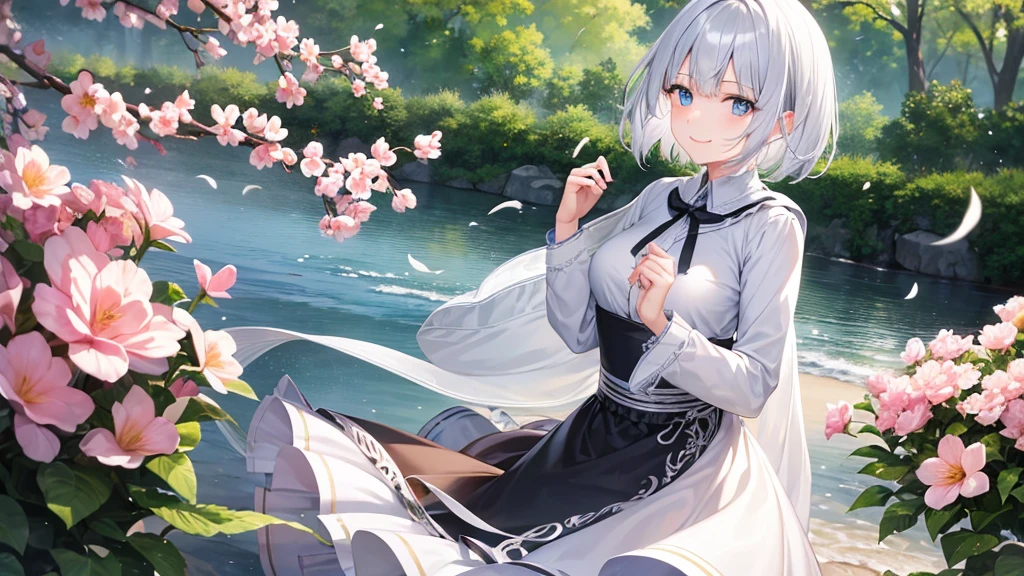 Ultra HD,Look at the viewers, Put your hands behind your back, With a girl, 20-year-old, 非常にShort Hair, Long bangs between the eyes, Pale blue eyes, hoodie, skirt , Very detailed,(masterpiece、Highest quality),Gray Hair、Laughter、Fantastic, Silver Hair, Iris,  Short hair、 Fluttering Hair、Small Face、明るいsmile、(Detailed face) ,Professional Lighting,Wonderful landscape,blue sky, sunlight,Looking down from above,Portraiture、Open your mouth、Flower Field、Her eyes were shining、Mysterious and enchanting atmosphere。With AI Painting、とてもShort Hair, Long bangs between the eyes, Very detailed,(masterpiece、Highest quality)、alone、Gray Hair、Fantasy, Silver Hair, Fantasyな風景、White shirt、smile、Open your mouth、short hair、Short Hair、hairpin、black eye、Grey Eyes、Beautiful Eyes、