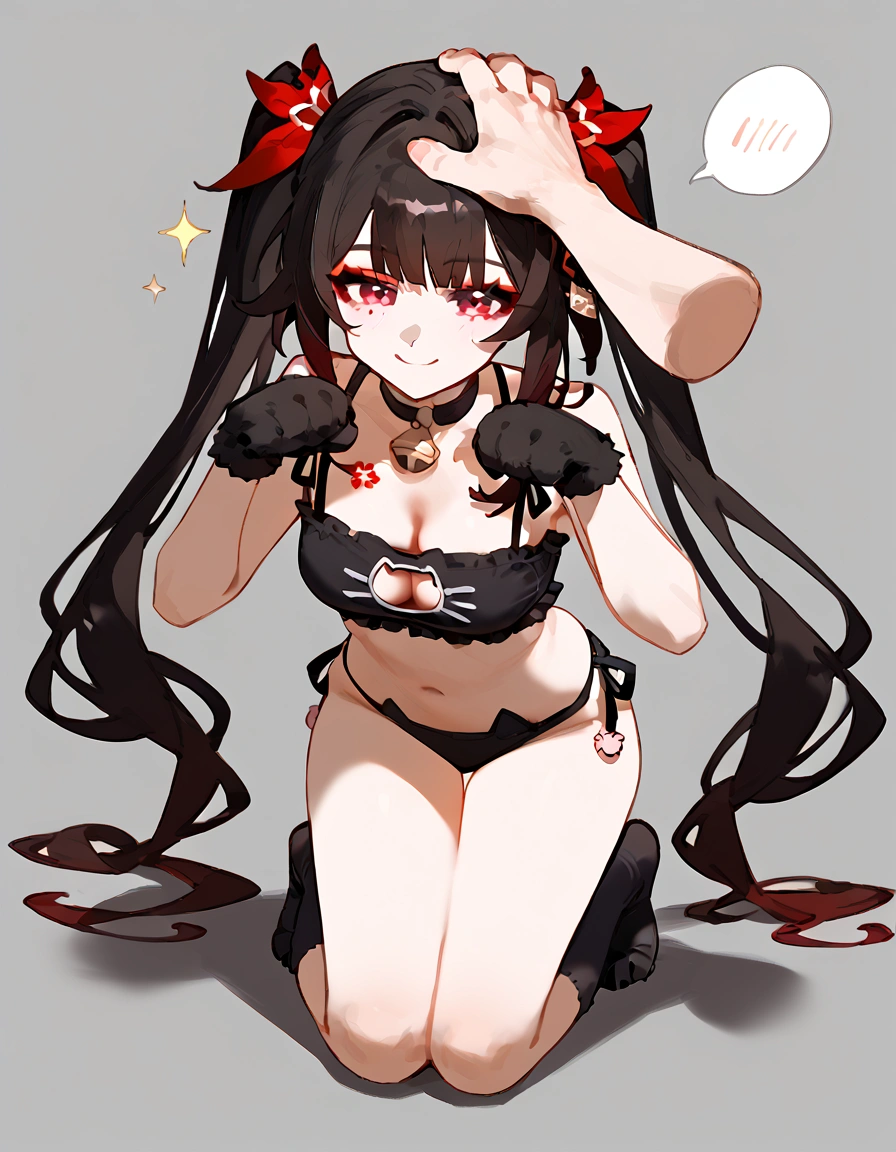anime artwork, score_9, score_8_up, score_7_up, score_6_up, score_5_up, score_4_up,sparkle \(honkai: star rail\),1girl, twintails, black hair, medium breasts, red eyes, red eyeshadow, ,
, , , , she is 24 years old, , ,horny, , , , style_3, ,,, floox style, grey background,headpat,black cat lingerie, disembodied hand, petting, ,smile, paw gloves, paws, on knees, cat socks,naughty_face , paw pose, speech bubble