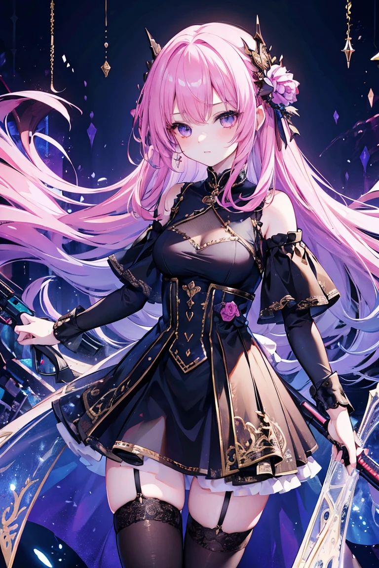 8 Surreal 8k CG,Fantasy,dream,Fantastic,sf,Charm,,Charm,Intricate details,18 year old girl in a chiffon dress,Highest quality,stockings,Cool Weapons,Colorful background